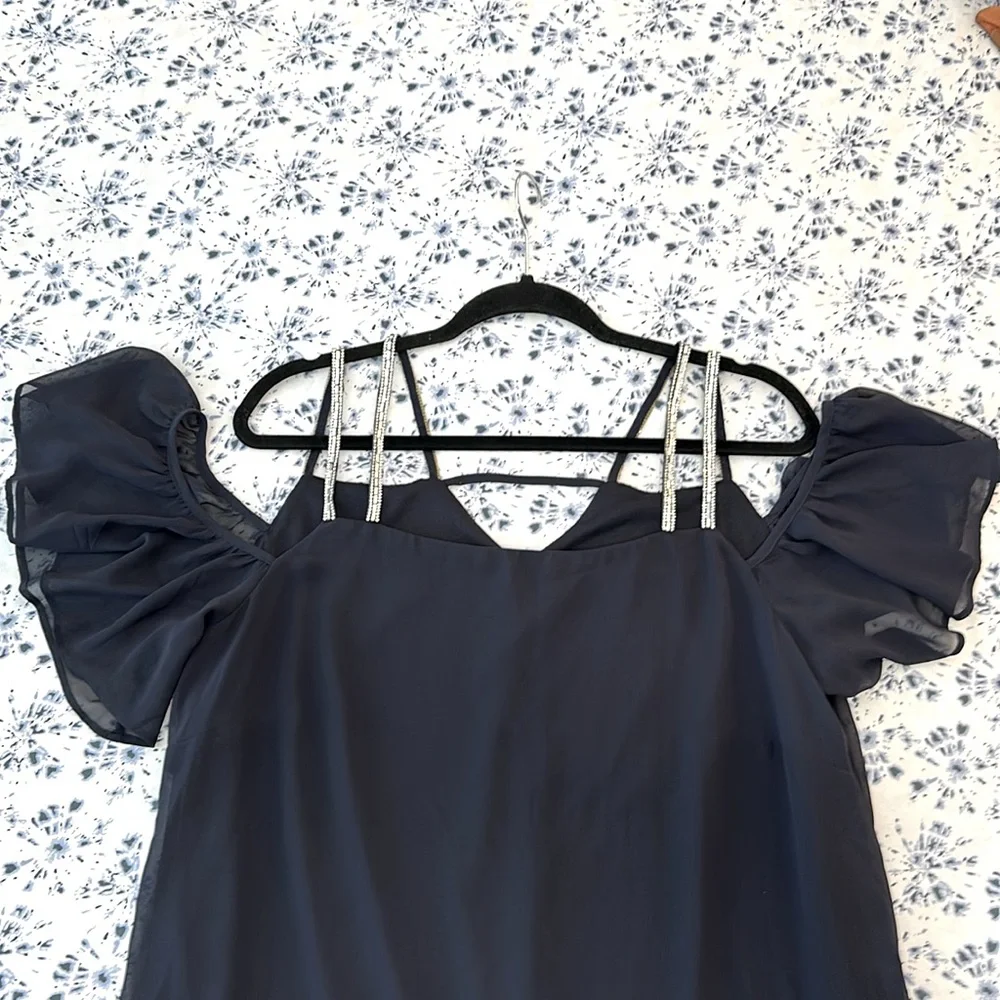 MSK Dress Size 14 Navy Blue Off the Shoulder Sheath‎ Sparkle Rhinestone Straps